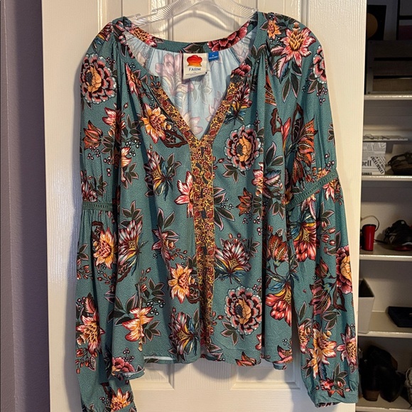 FARM Rio Tops - FARM Rio Teal Blouse with Pink and Orange Floral Design